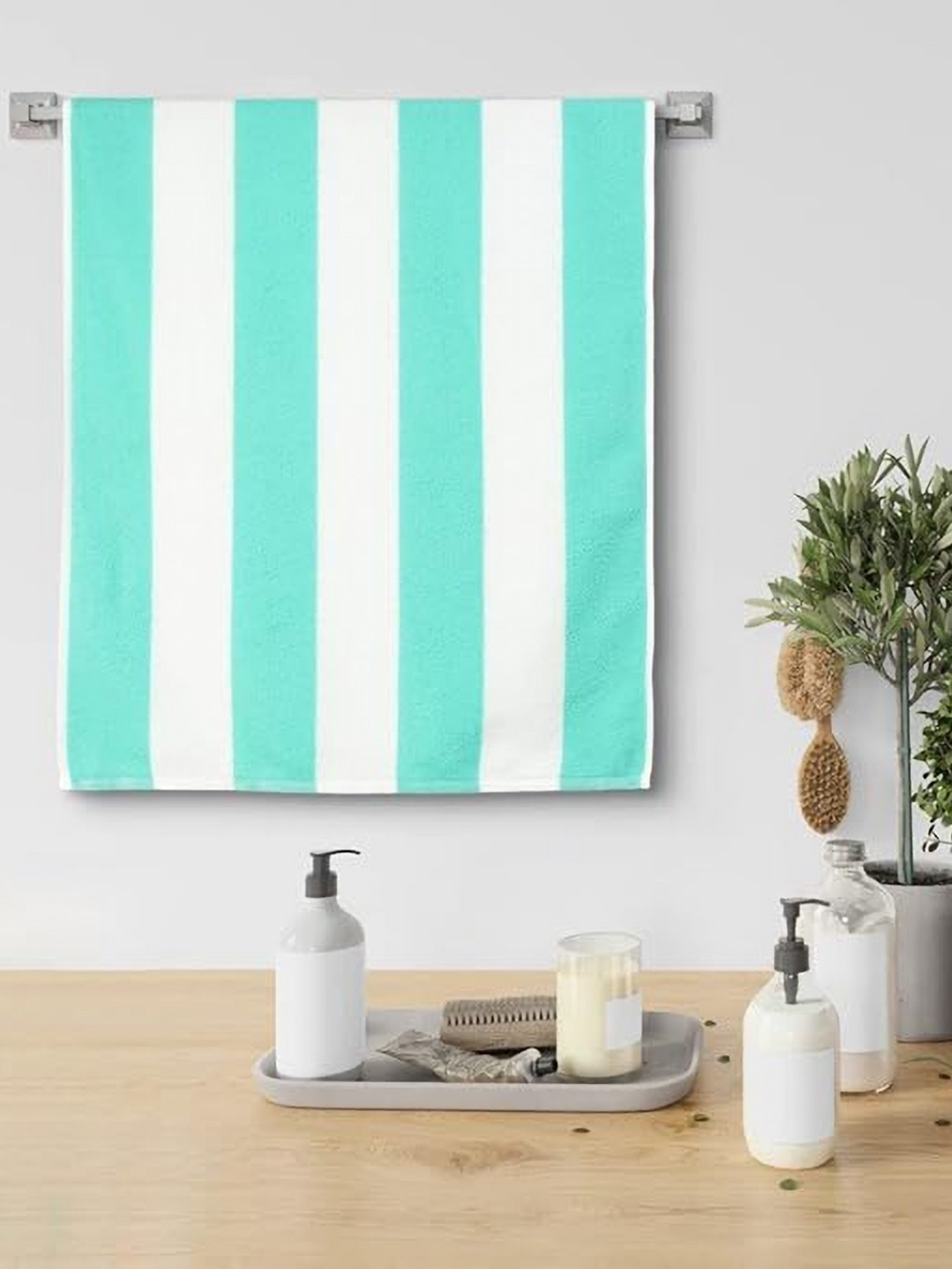 METRO LIVING Green & White Striped 150 GSM Bath Towel
