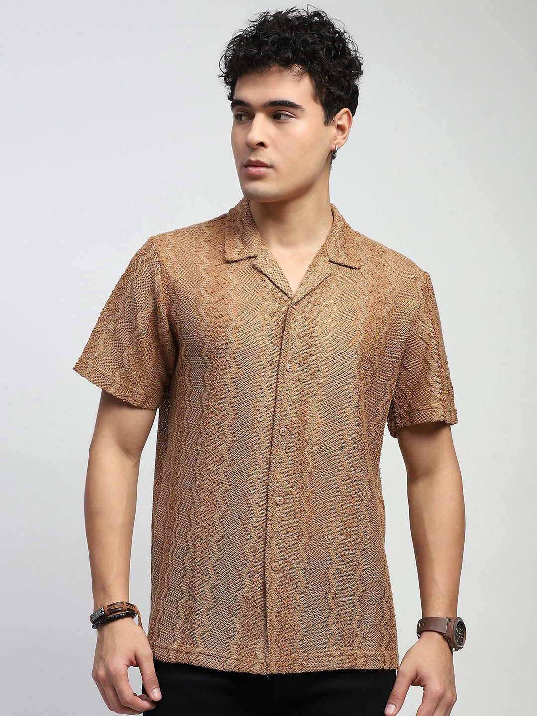 Global Republic Textured Spread Collar Short Sleeves Relaxed Fit Shirt