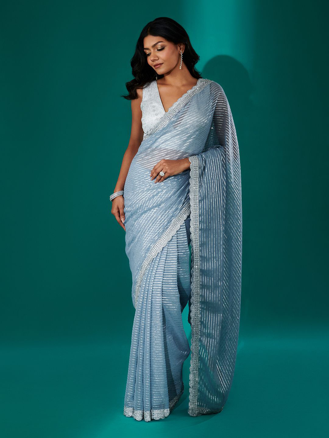 TEEJH Kaanch Onion Pink Shimmer Tissue Saree