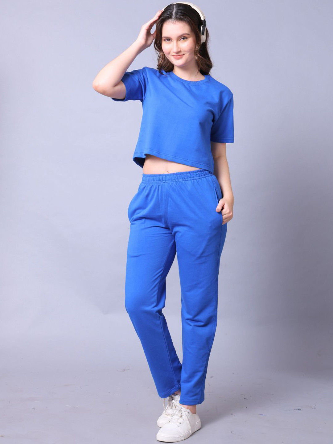 Casual Blue Round Neck T-Shirt and Trousers Co-Ords Set