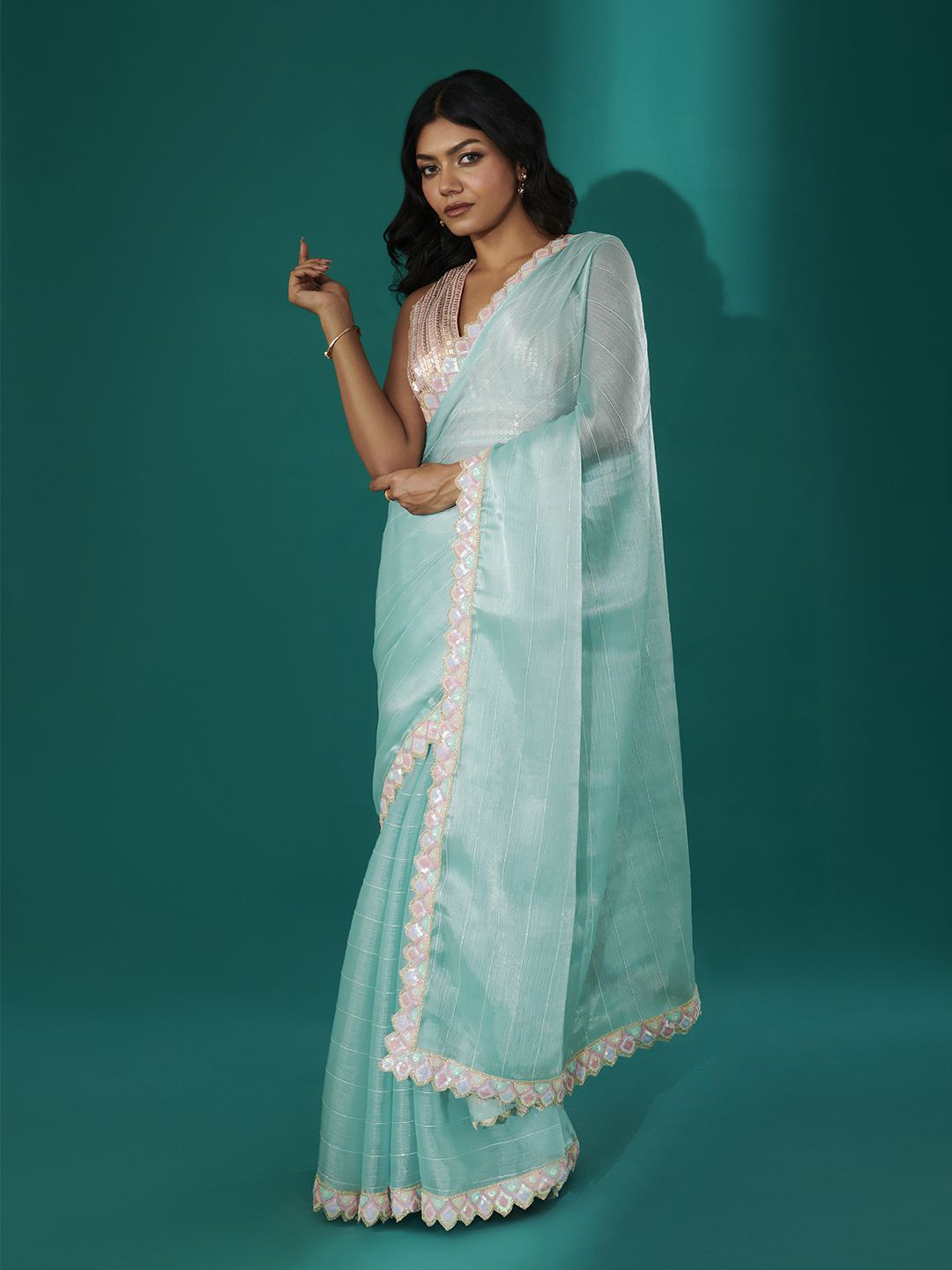 TEEJH Rangeen Sky Blue Shimmer Tissue Saree