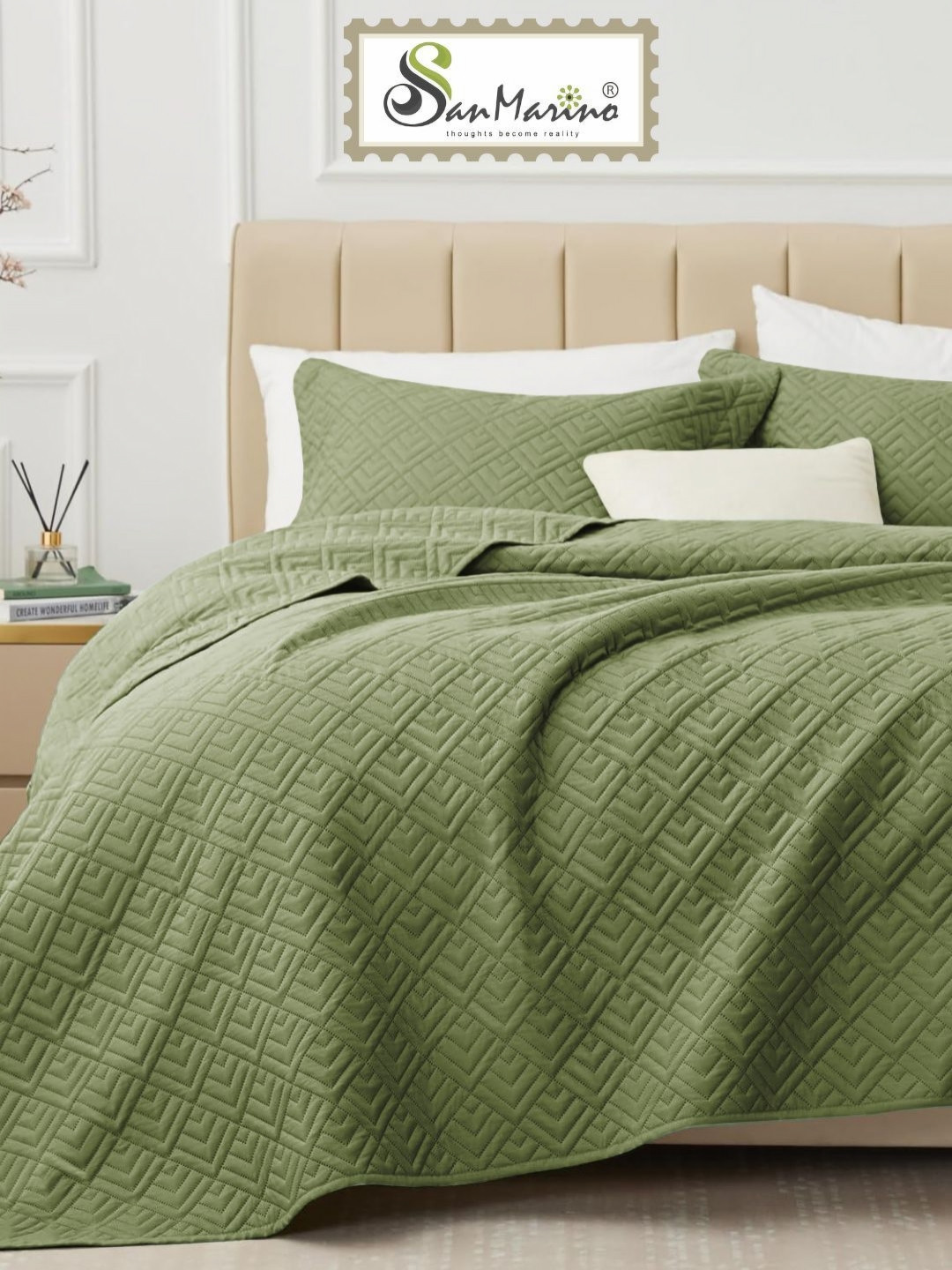 San Marino 3-Pcs Olive Green Quilted Pure Cotton 280 TC King Bed Cover WithPillowCovers
