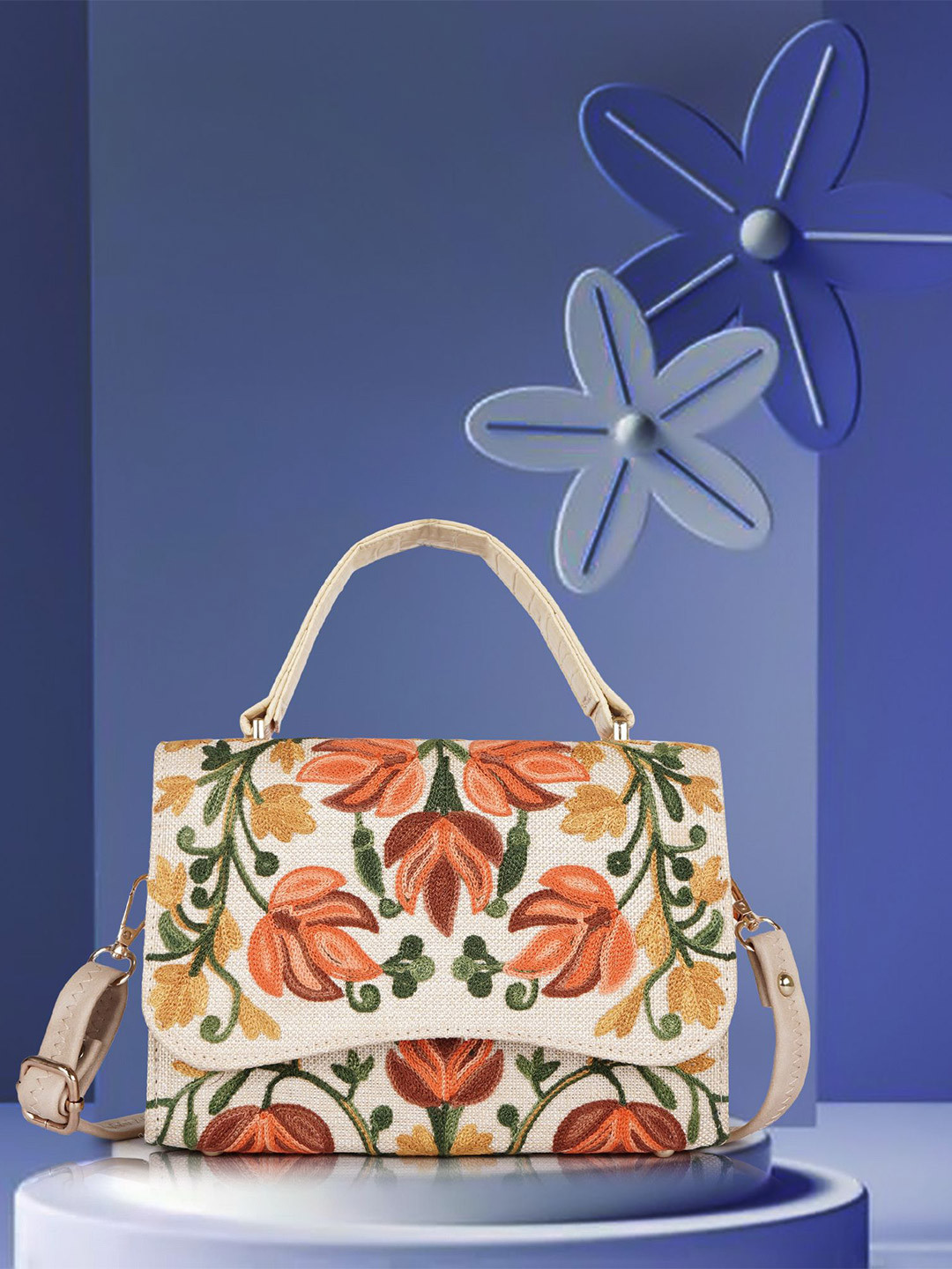 VELUCIA Floral Embellished Structured Sling Bag With Quilted