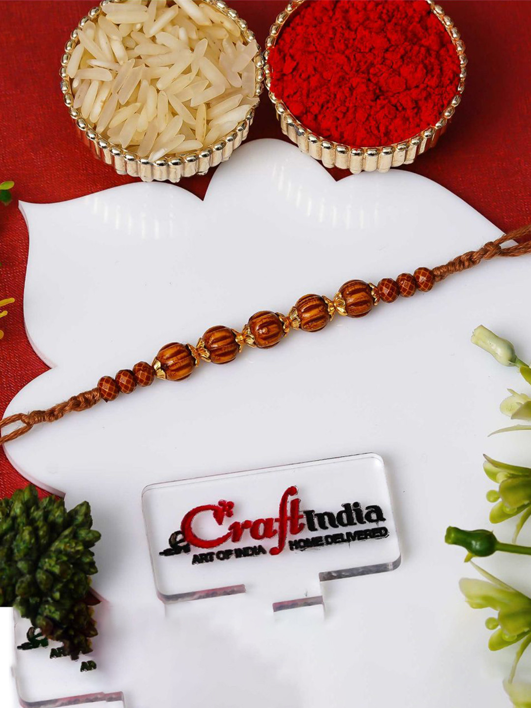 eCraftIndia Gold-Toned & Brown Beads Designer Rakhi For Brother