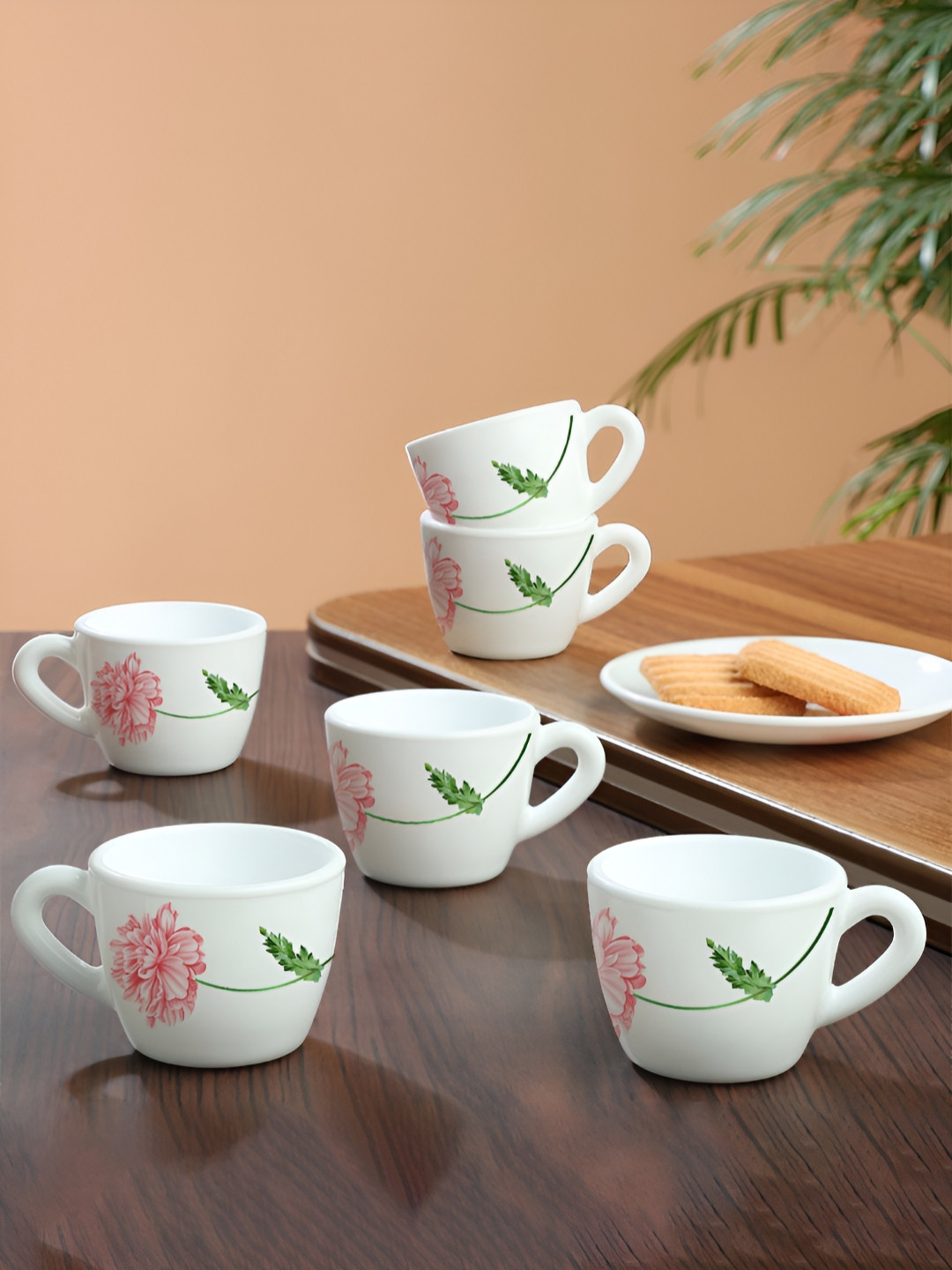 Larah by BOROSIL Mist White & Pink 6 Pieces Floral Printed Matte Cups 90ml