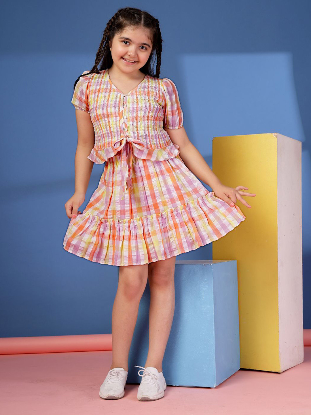 Budding Bees Girls Checked V-Neck Pure Cotton Top With Skirt