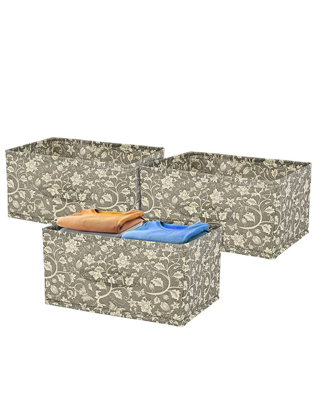 Kuber Industries Black & Beige 3 Pieces Floral Printed Drawer Organisers With Handles
