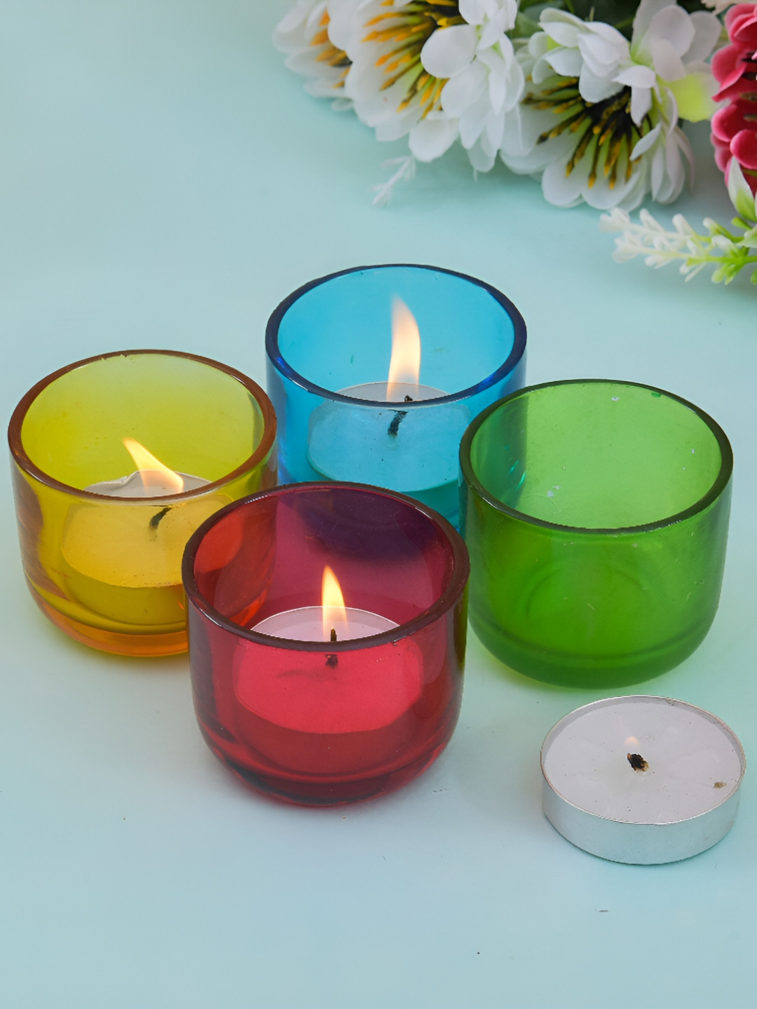oggn Red And Yellow 4 Pieces Glass Candle Holders