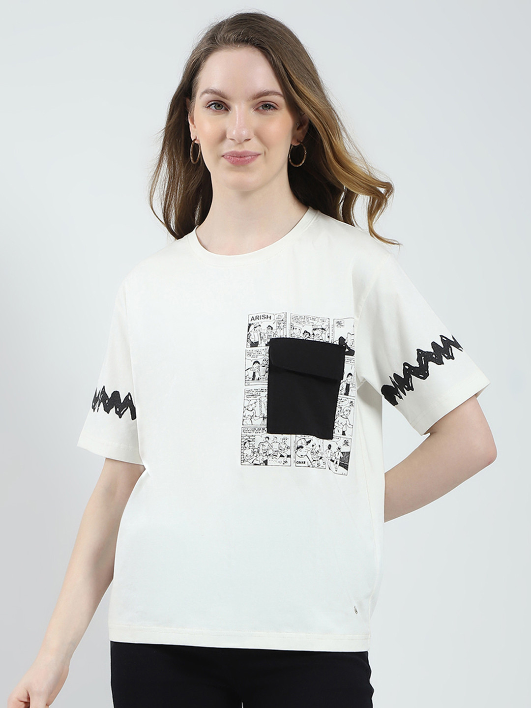 Monte Carlo Printed Drop-Shoulder Sleeves Monochrome Relaxed Fit T-shirt