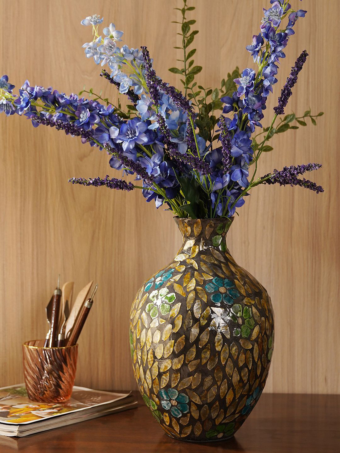 Pure Home and Living Blue & Green Bamboo Capiz Shell Large Round Vase