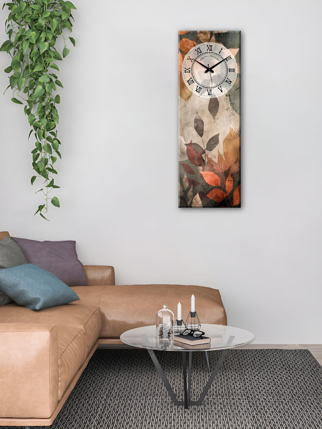 OLIVE TREE Grey & Brown Leaves Printed Wooden Contemporary Rectangle Shaped Wall Clock