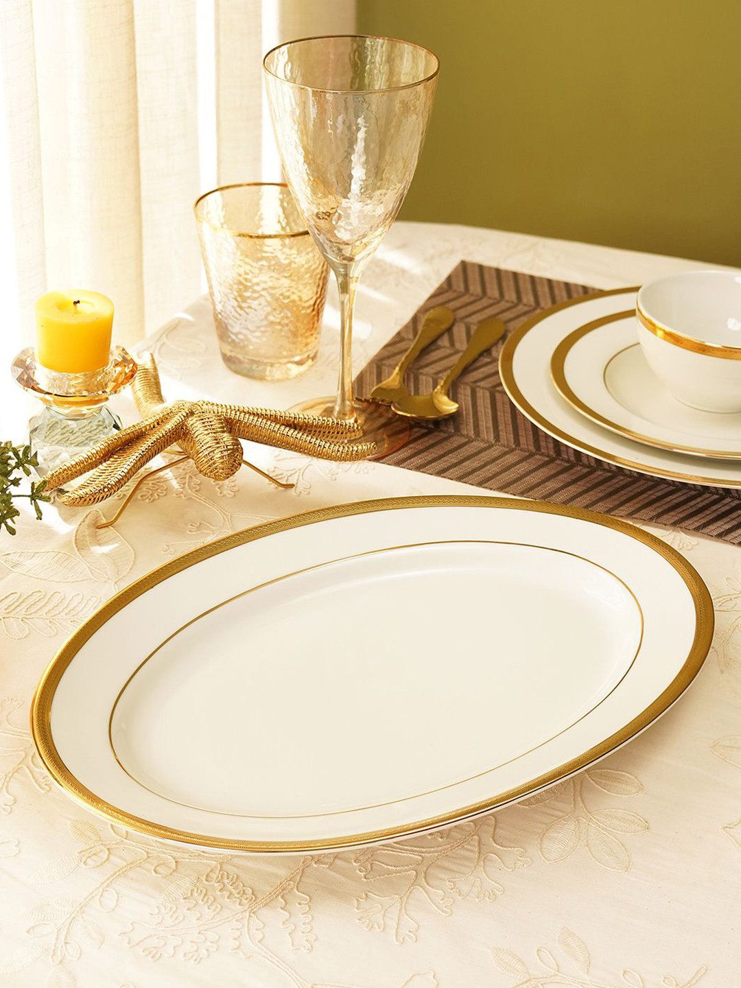 Pure Home and Living Cream Colored & Gold Toned Ceramic Food Platter