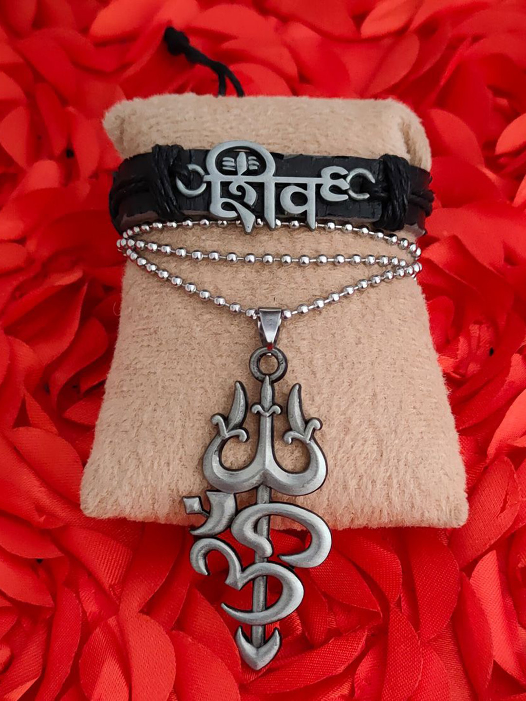 M Men Style Stainless Steel Silver Plated Religious Mahadev Leather Bracelet And Pendant