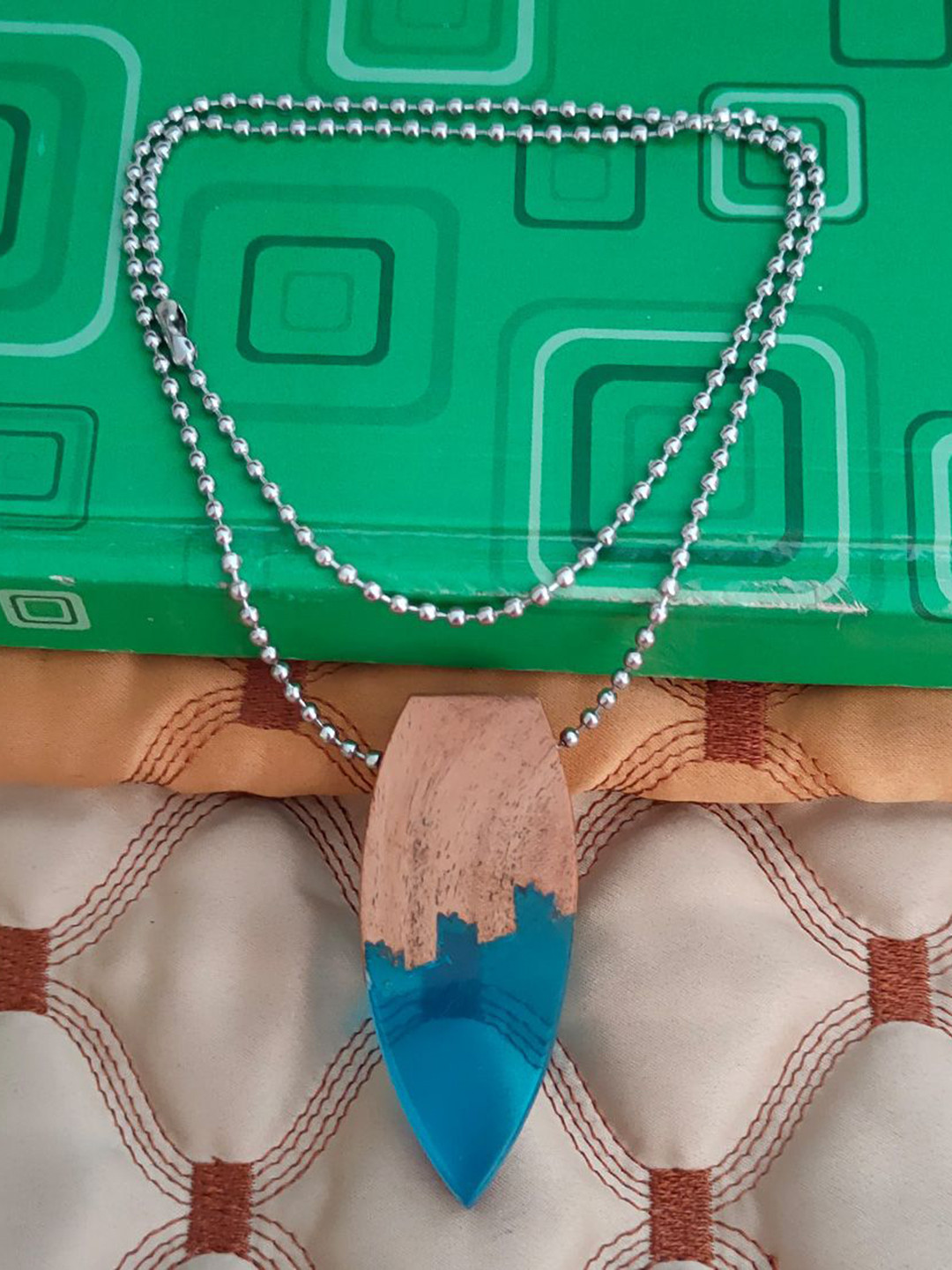 M Men Style Stainless Steel Geometric Long Bar Wood and Green Wood Resin Boho Pendant