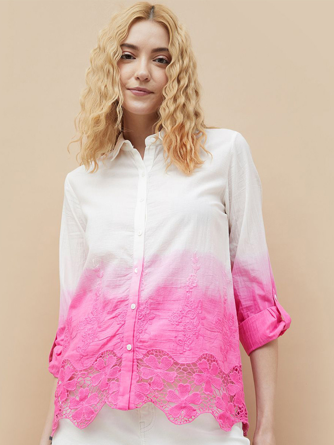 Colour Me by Melange Self Design Spread Collar Roll-Up Sleeves Cotton Shirt