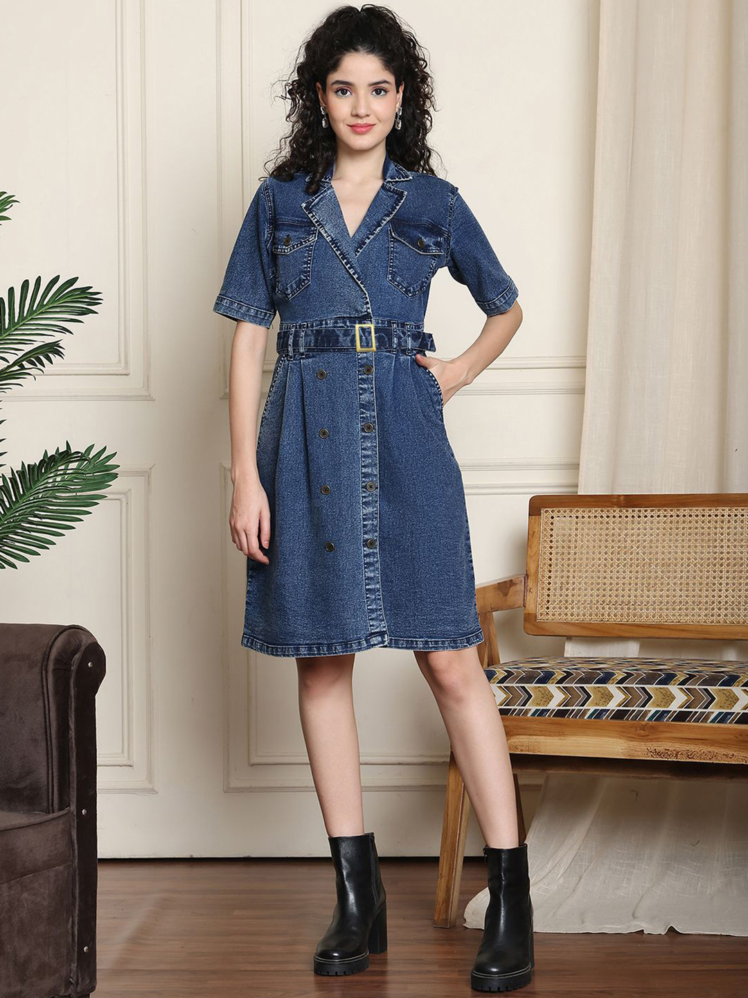 PUELLA Lapel Coller Denim Shirt Dress
