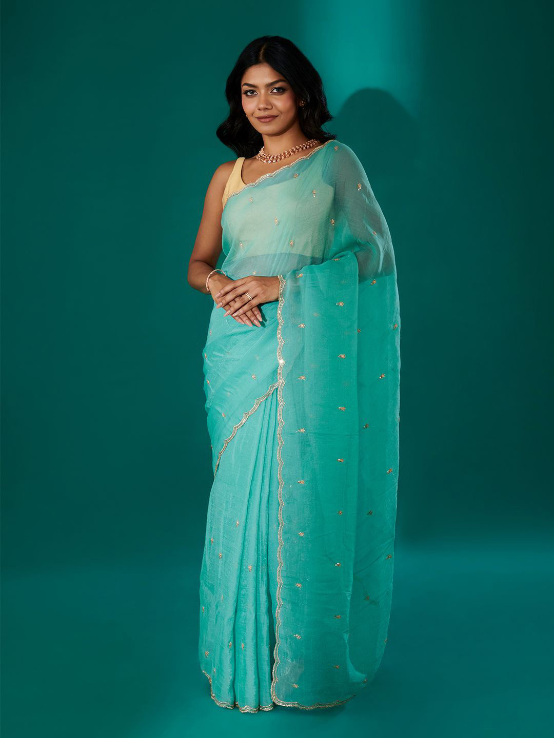 TEEJH Dilbar Turquoise Georgette Saree