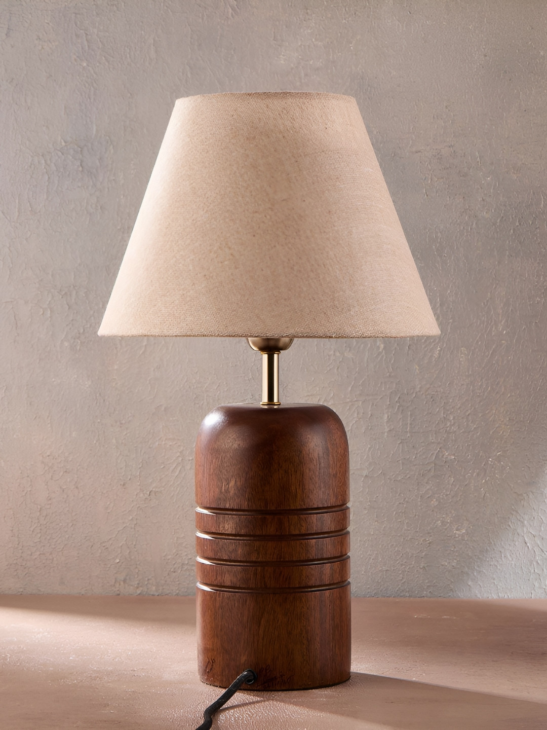 Fabindia Stambh Brown & White Textured Wooden Frusturical Shaped Table Lamp
