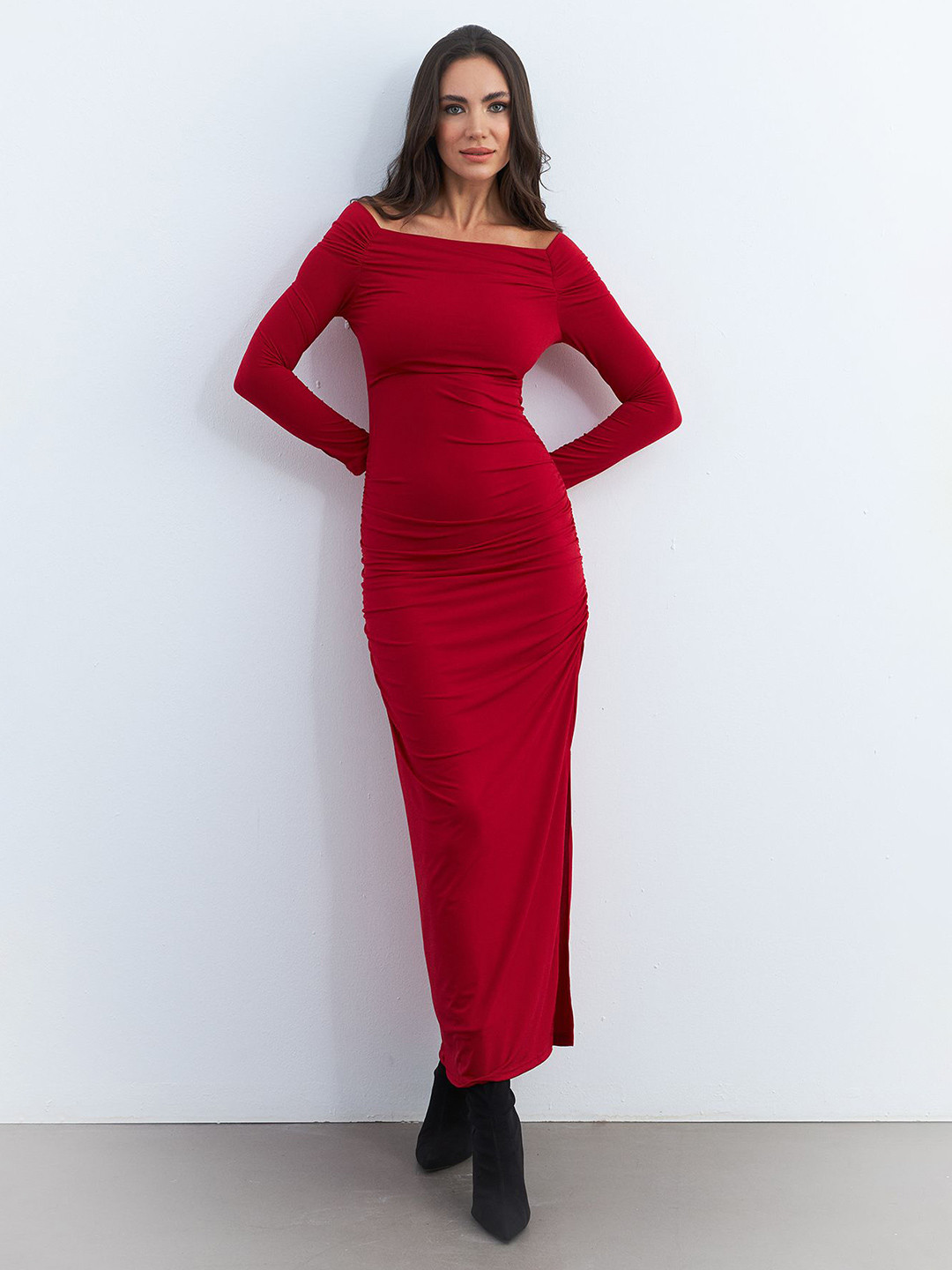 Cool & Sexy Square Neck Long Sleeves Ruched Bodycon Maxi Dress