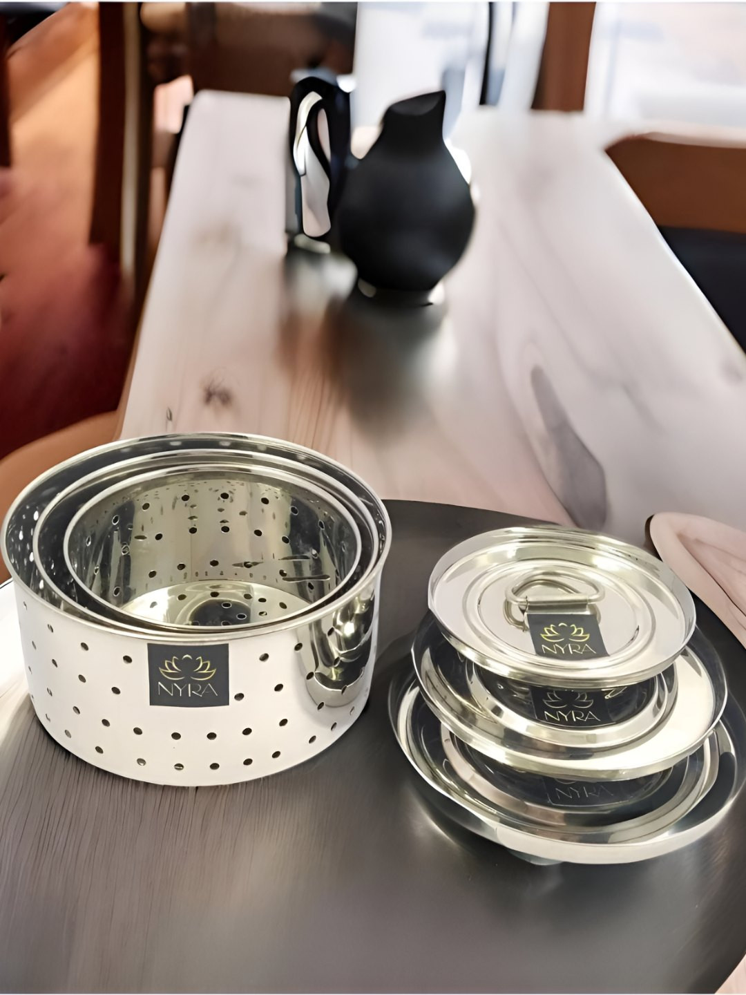 Nyra Kitchenware Steel 3 Pieces Stainless Steel Colander Strainer With Top Press Lids