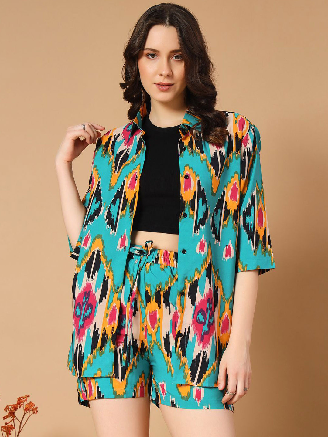 OTABU Printed Shirt Collar Top Shirt With Shorts Co-Ords