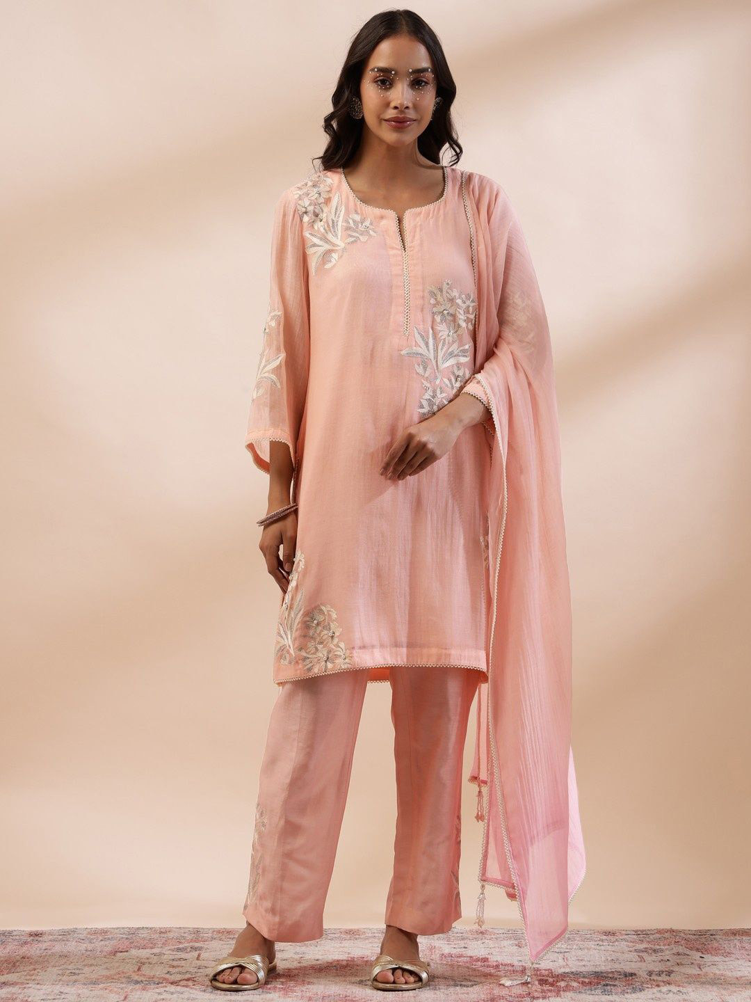 Kyra Floral Embroidered Notch Neck Chanderi Cotton Straight Kurta & Palazzos With Dupatta