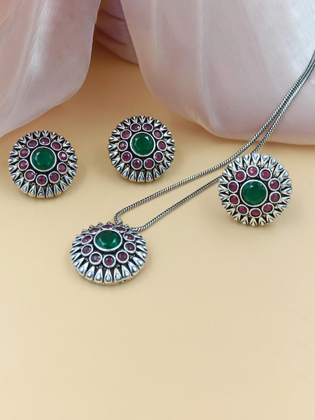 BLACKBOX Stone Studded Double Layer Floral Design Oxidised Jewellery Set