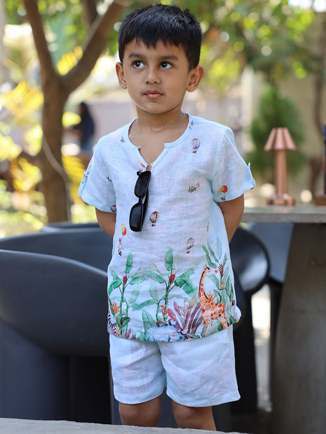 Funny Bones Clothings Boys Natures Flight Printed Linen T-Shirt & Shorts Clothing Set