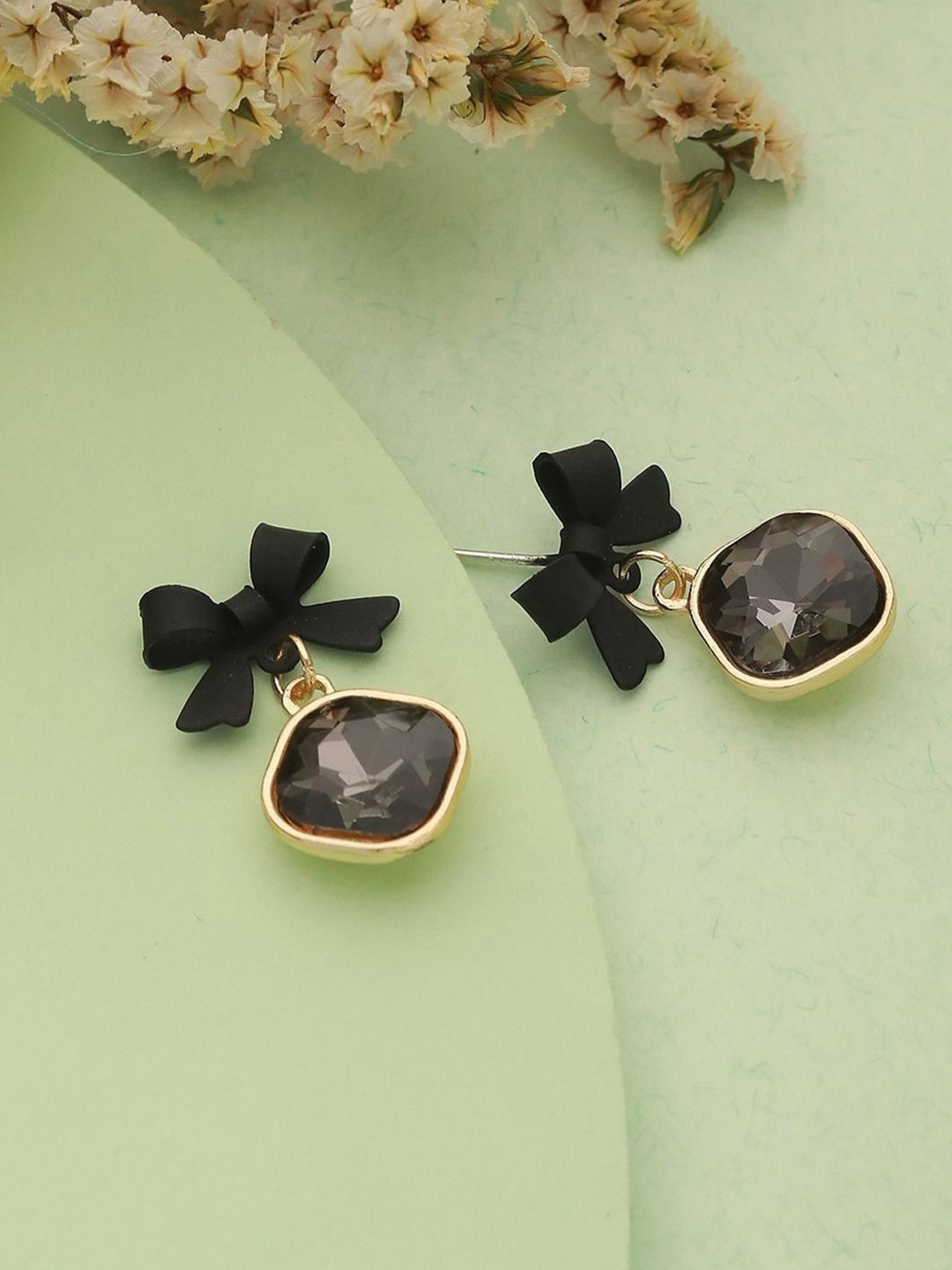 FIMBUL Gold-Plated Crystals Studded Diamond & Bow Shaped Drop Earrings