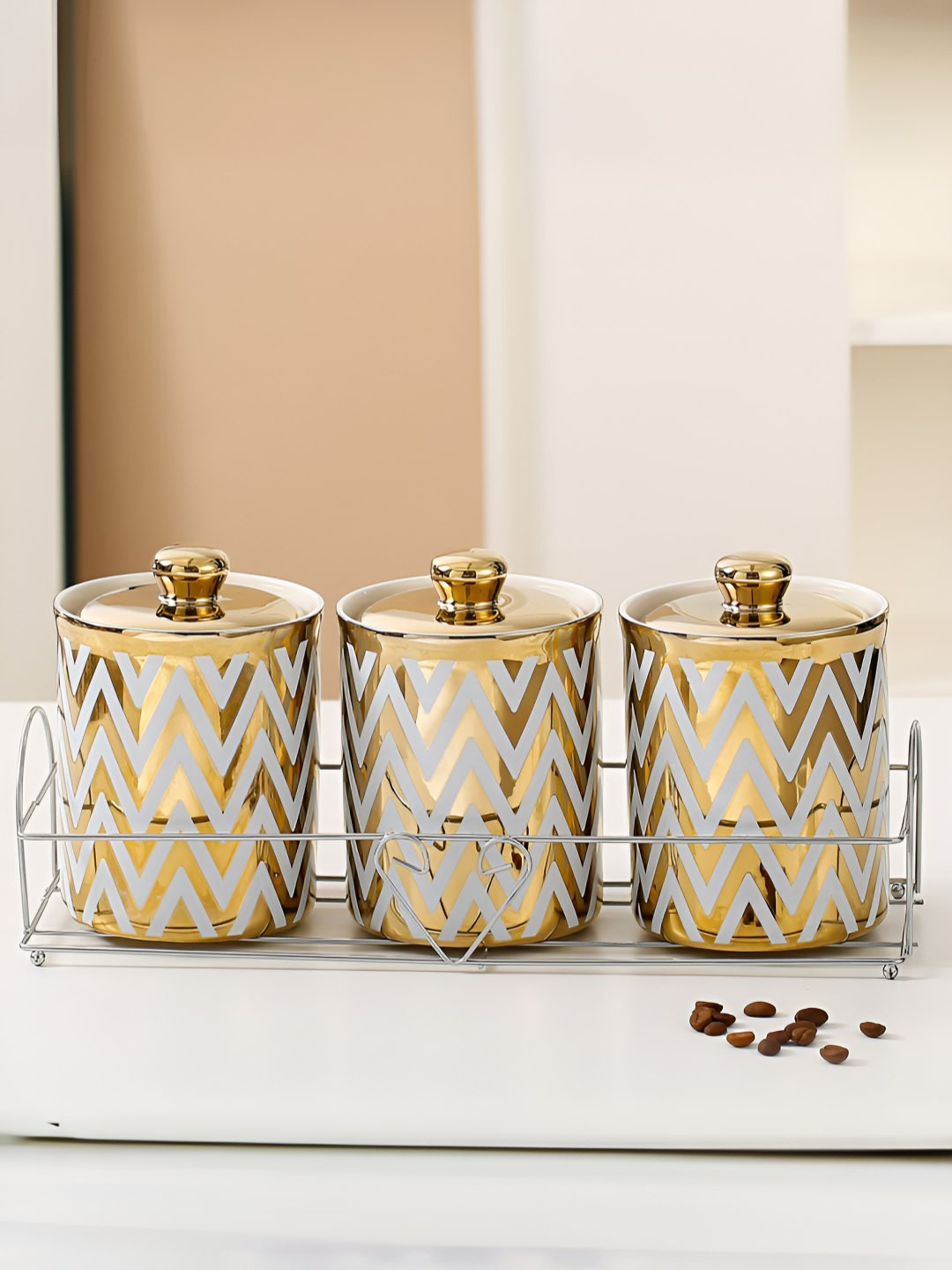 The Better Home Gold Chevron Ceramic Air Tight 3 Piece Flip Top Canister-700ml