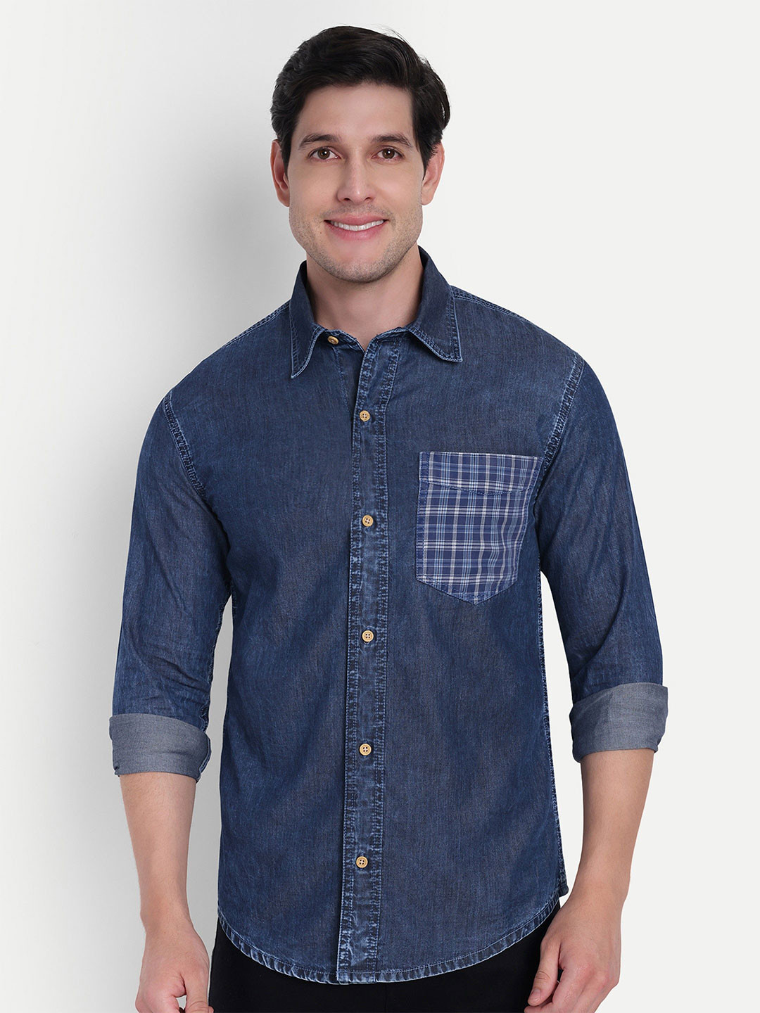 COSMIC Spread Collar Chest Pocket Denim Casual Shirt
