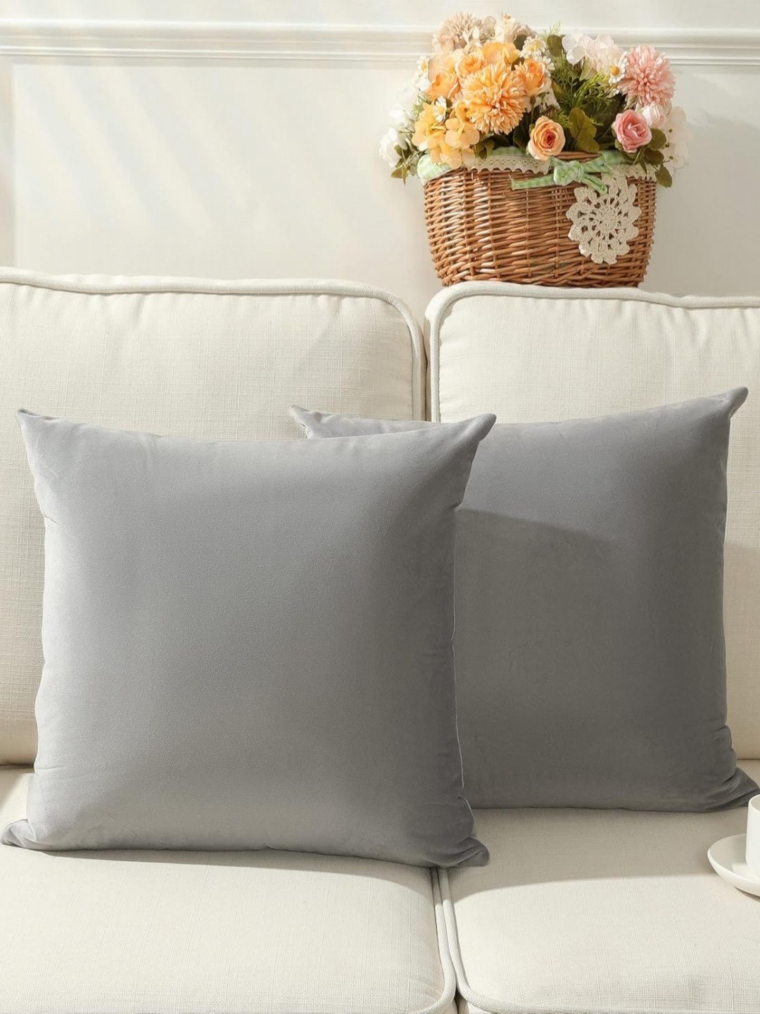 AAZEEM Grey Velvet Washable 2 Pcs Square Cushion Covers - 16 x 16 In