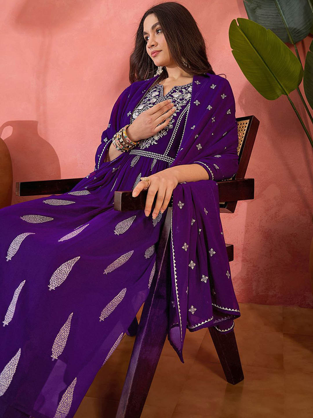 Sangria Floral Printed Notch Neck Zari Georgette Naira Cut Kurta With Trouser & Dupatta