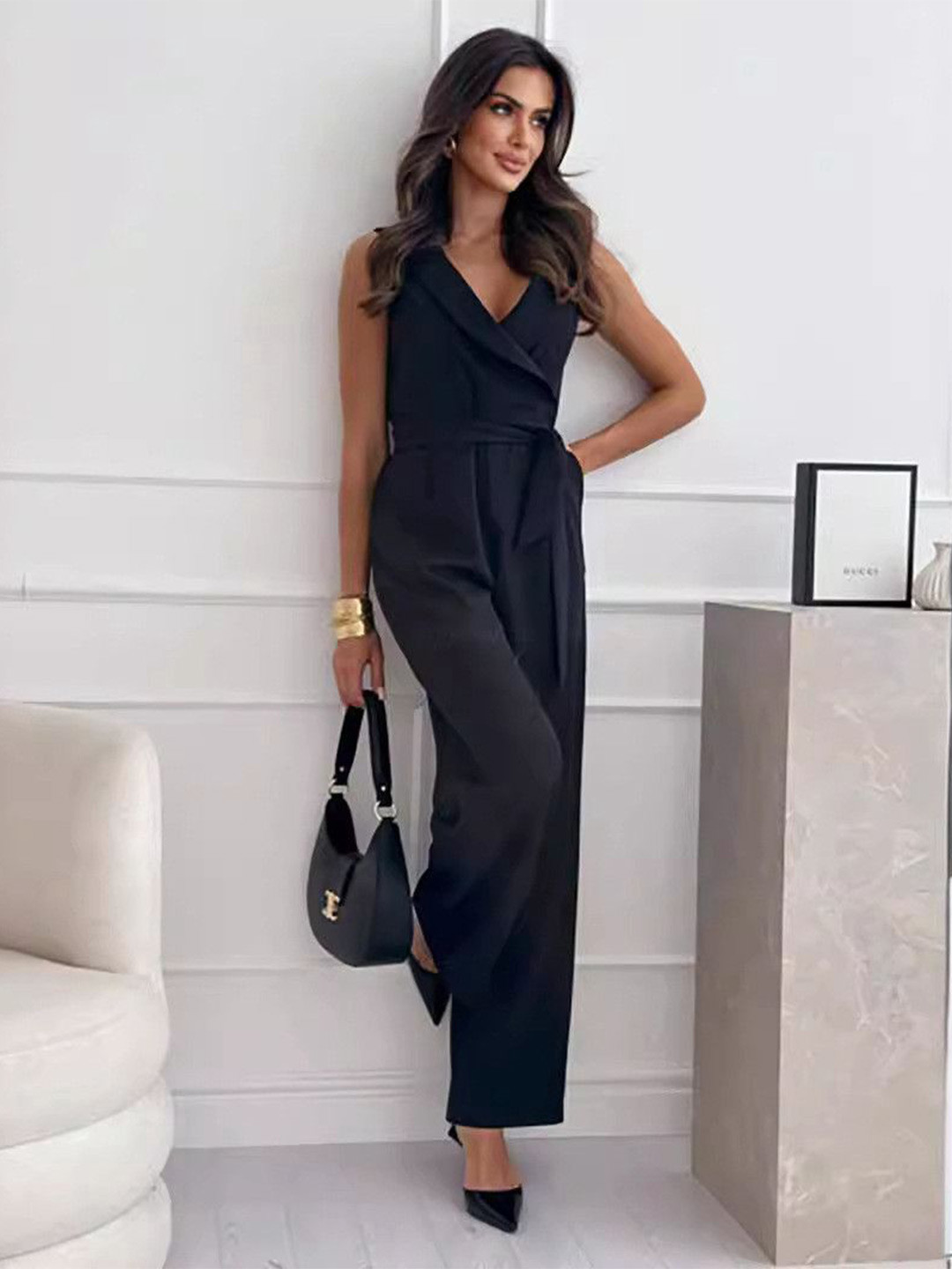 bebe Black Sleeveless Notch Lapel Wrap Tie-Waist Jumpsuit