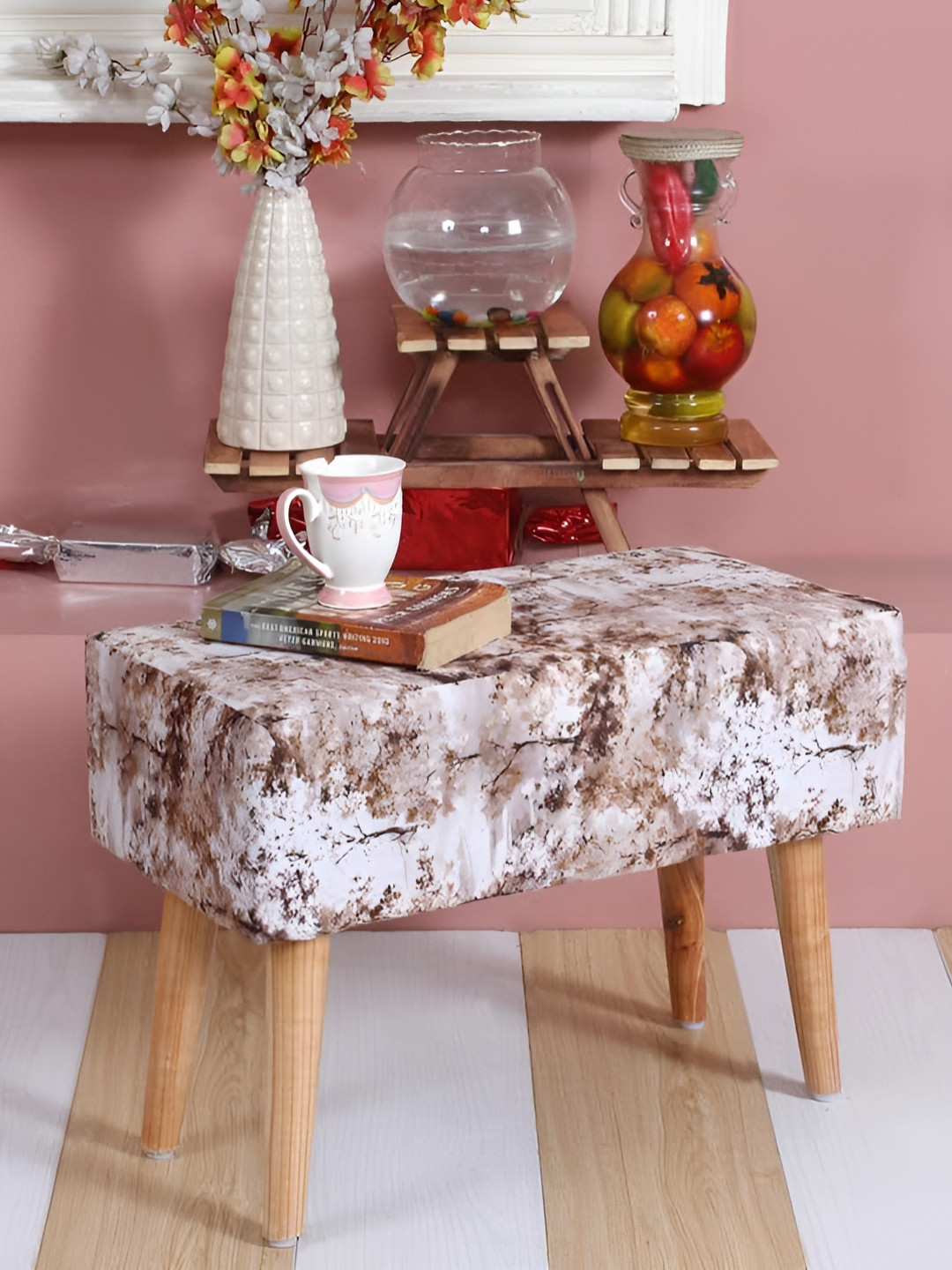 Shadowkart White Printed Wooden Rectangular Bench