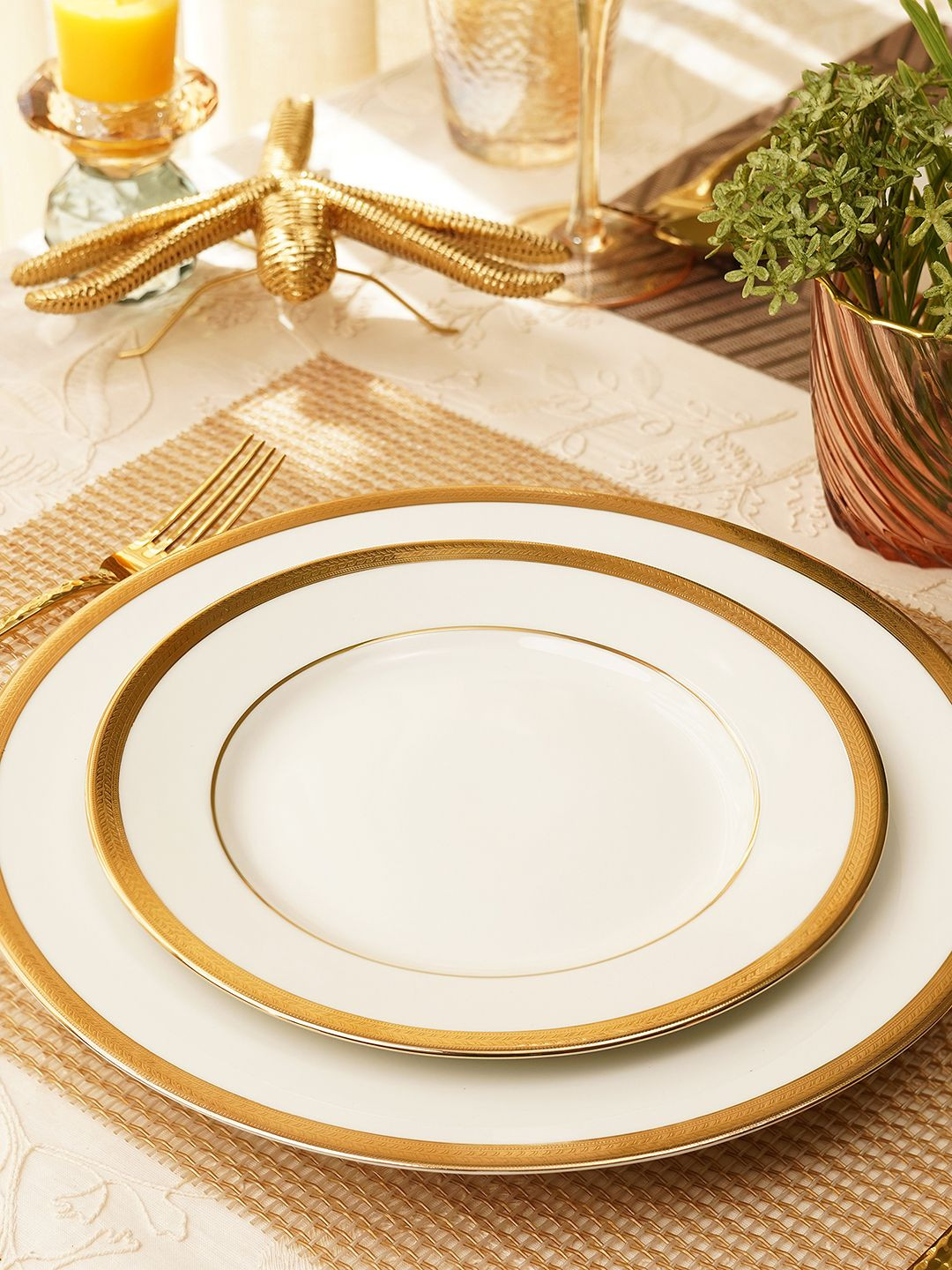 Pure Home and Living White 2 Pieces Gold Rim Glossy Ceramic Dessert Plates