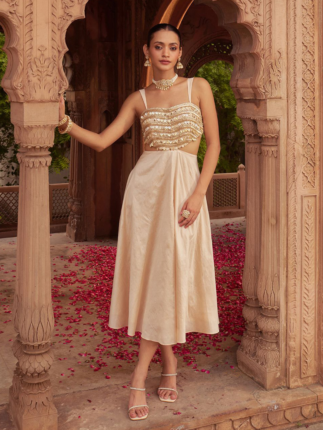 SILCHIC Ghazal Embellished & Sleeveless Dupion Silk Waistcut Dress