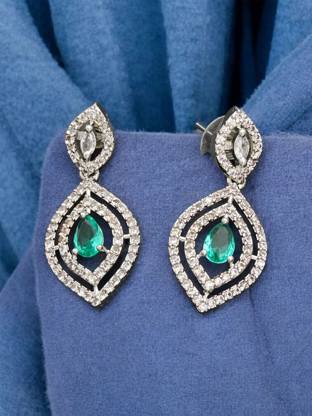 Gemron Jewel Rhodium-Plated American Diamond Studded Contemporary Drop Earrings