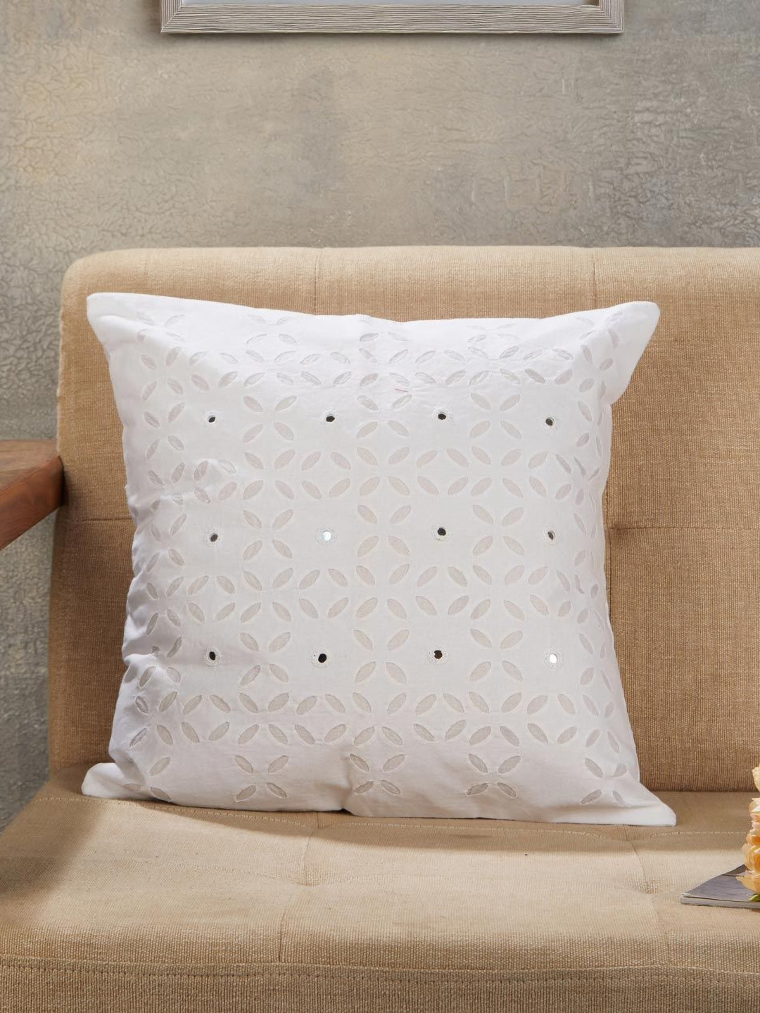Fabindia Sangam White Geometric Applique Embroidered Cotton Square Cushion Cover