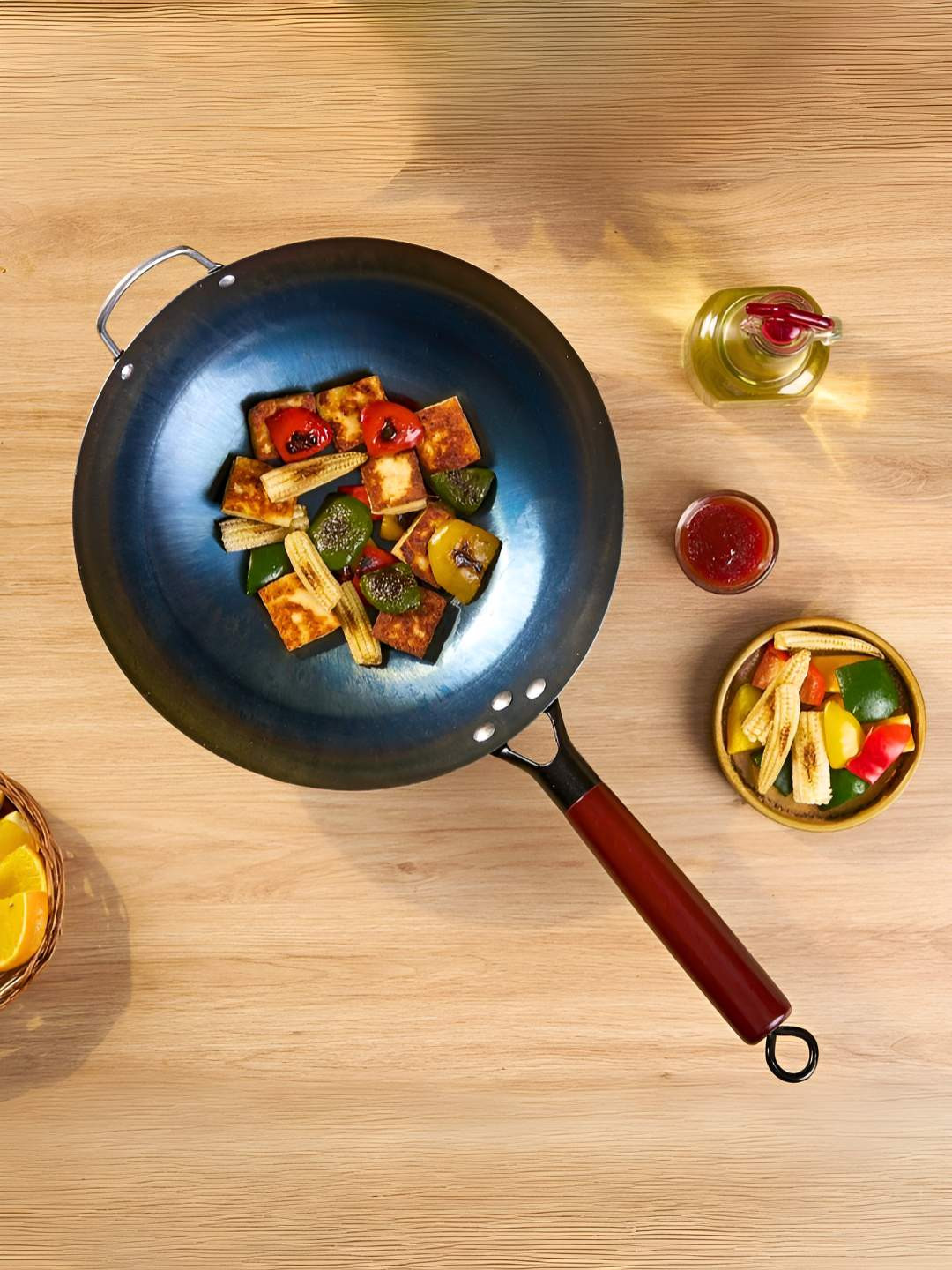 HOMEESSENTIALS Black Iron Kadhai And Wok With Handle