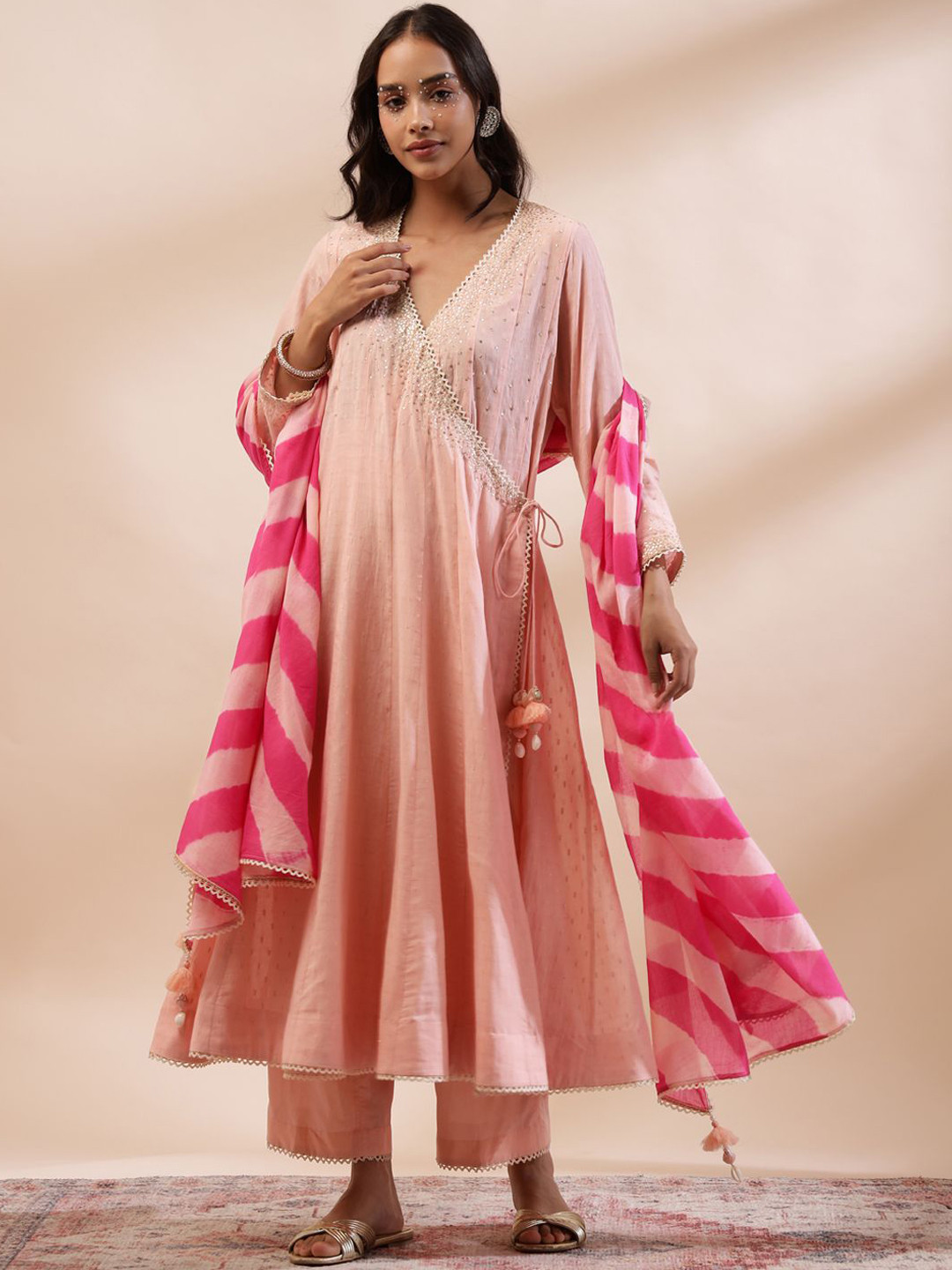 Kyra Self Design V Neck Sequinned Chanderi Cotton Anarkali Kurta With Trousers & Dupatta