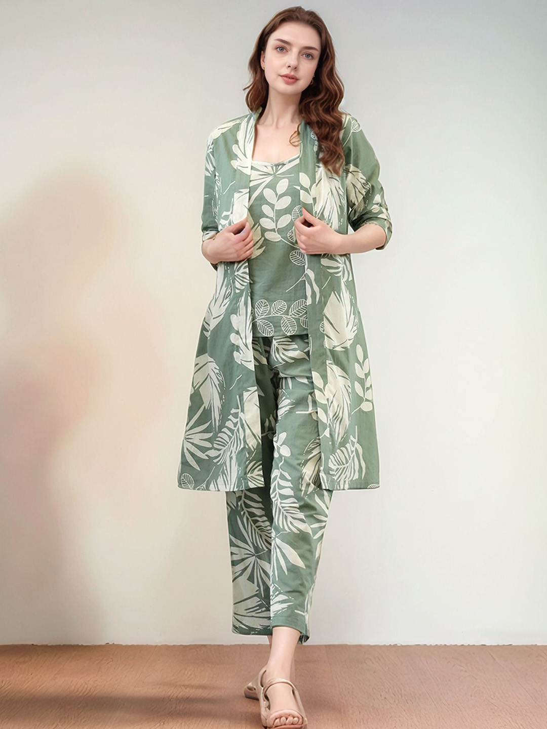 OKARA Printed Pure Cotton Top & Trousers With Shrug Co-Ords