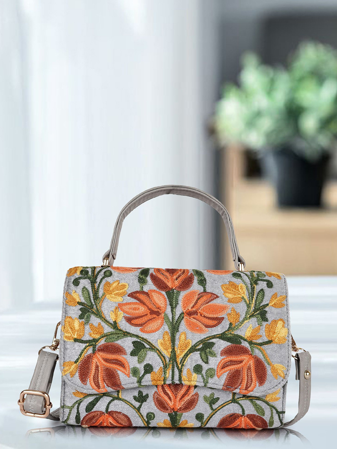 VELUCIA Floral Embellished Structured Sling Bag With Quilted