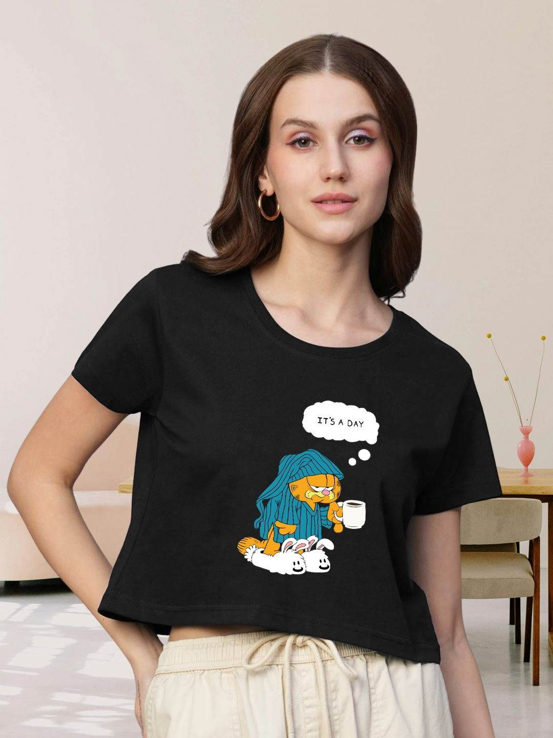 PRONK Women Humour and Comic Printed Round Neck Boxy T-shirt