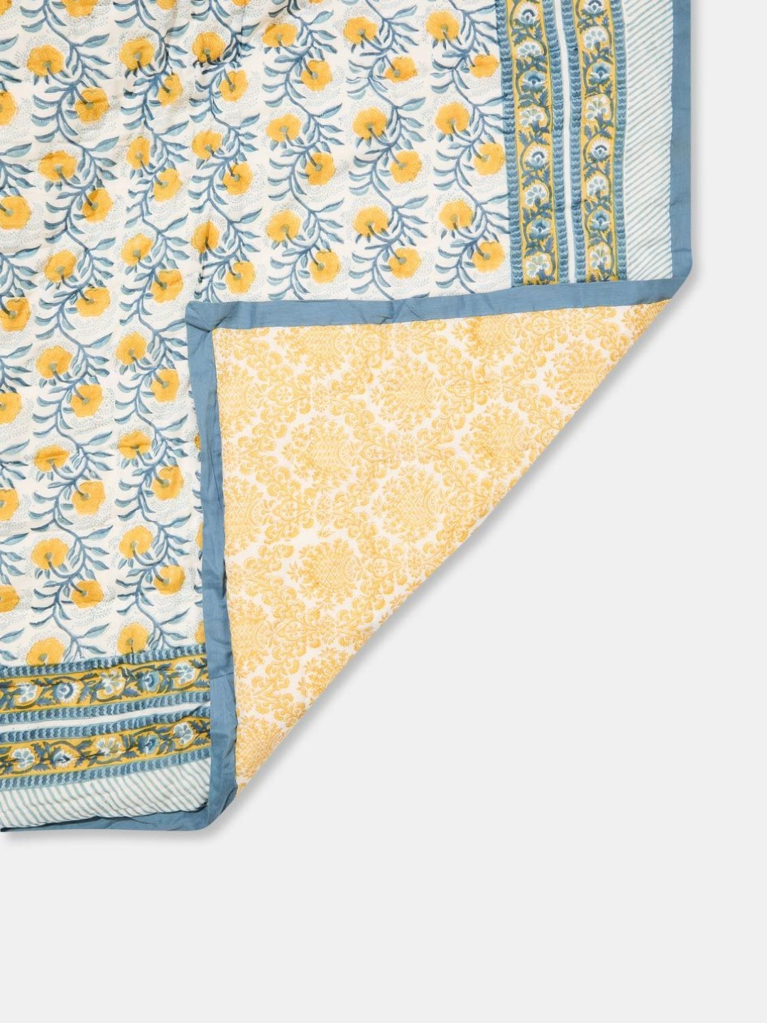 Fabindia Blue Ochre Cabana Hand Block Cotton Printed Double Quilt