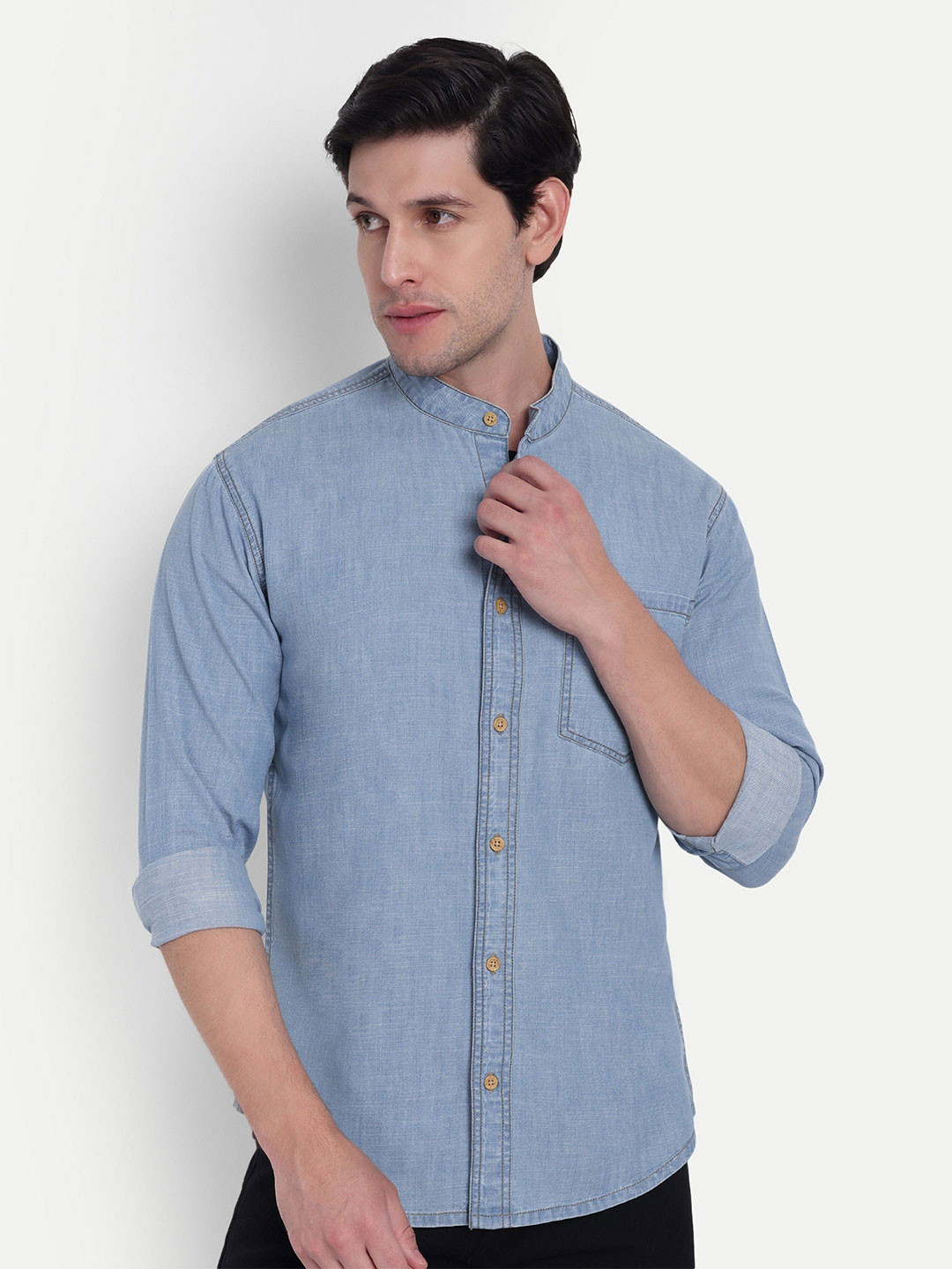 COSMIC Band Collar Roll-Up Sleeves Denim Shirt