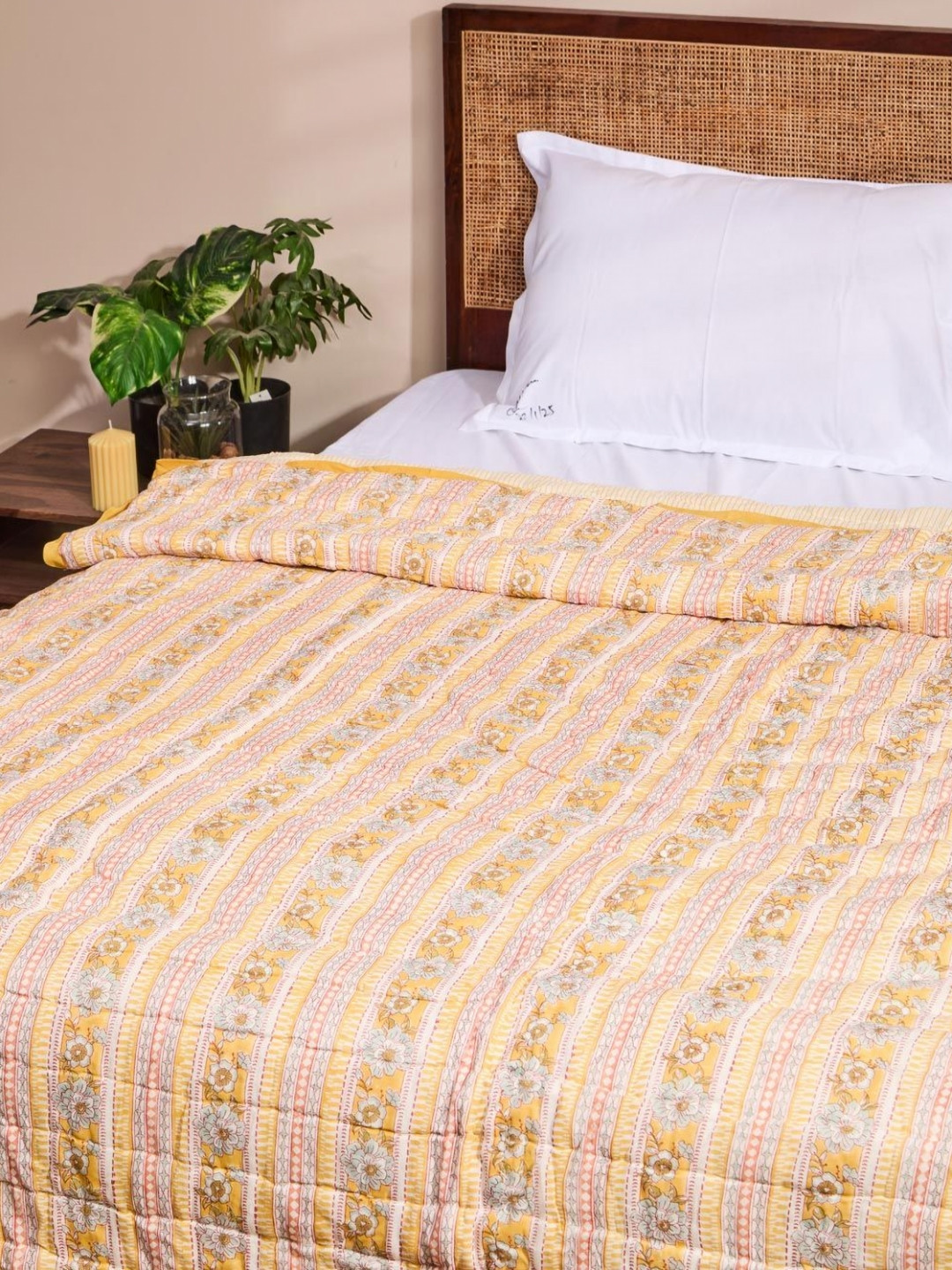 Fabindia Aasyra Yellow & White Floral Printed Cotton AC Room Double Bed Quilt