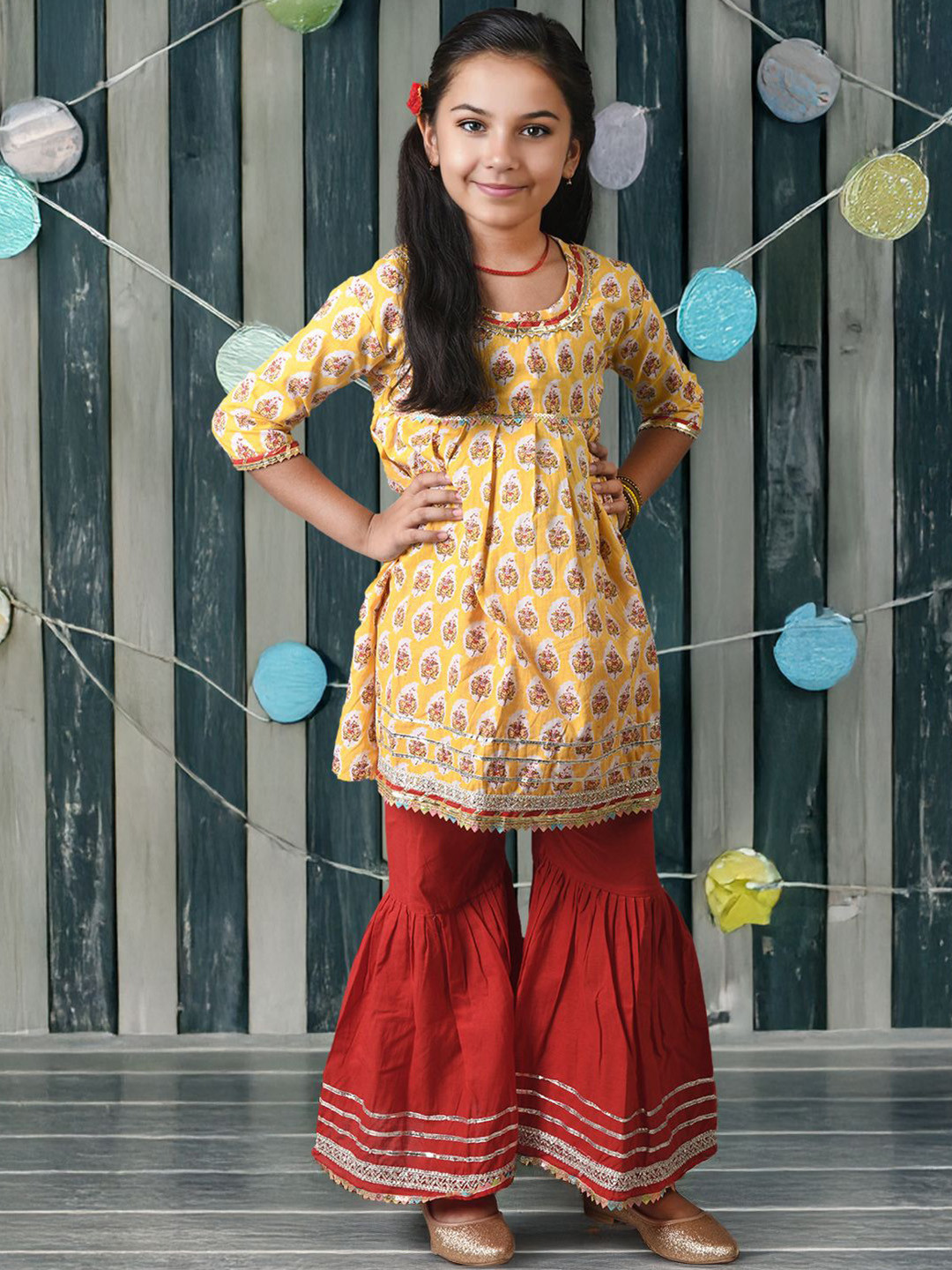 Kids On Board Girls Floral Printed Pleated Pure Cotton Kurta with Sharara