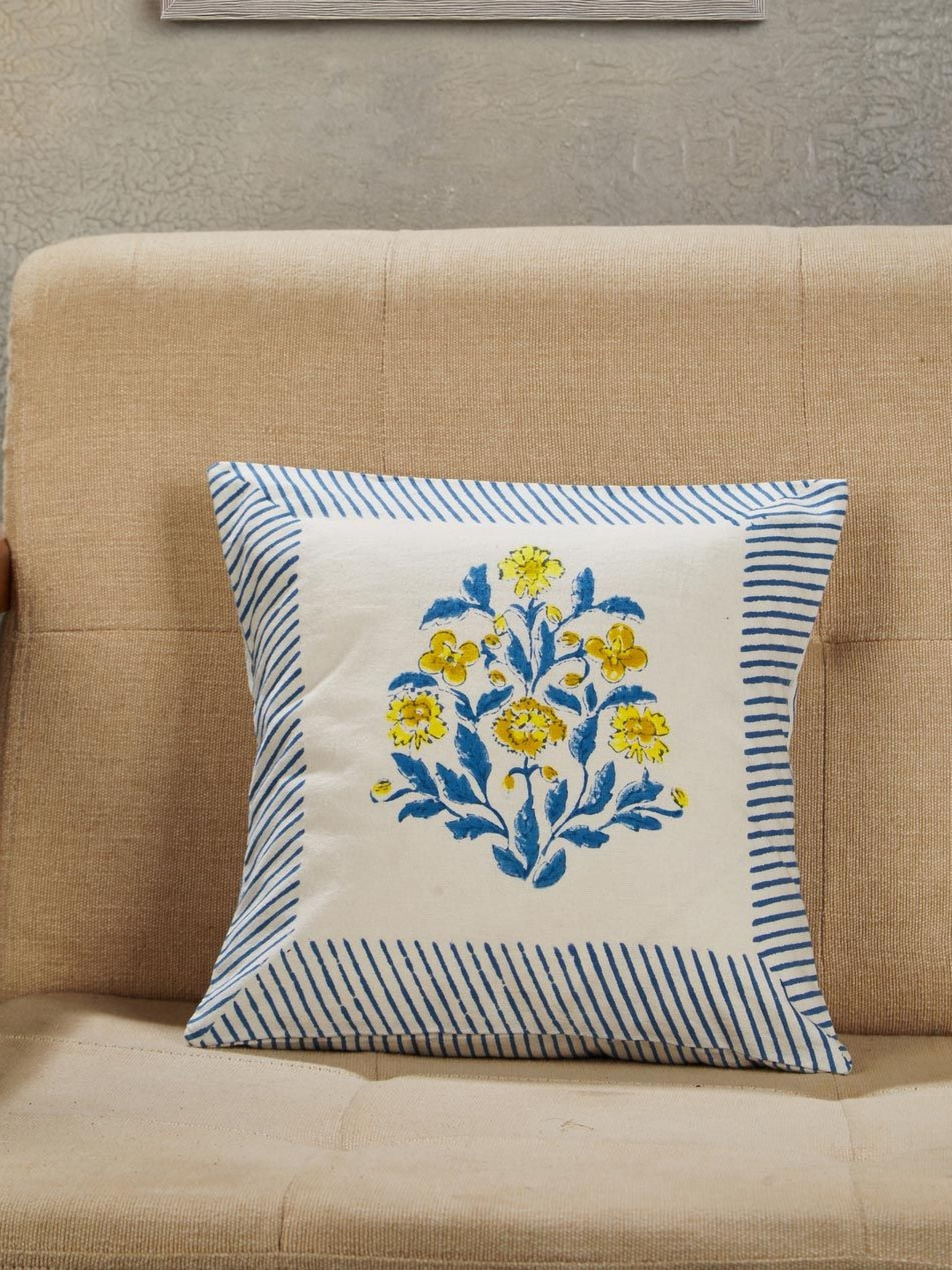 Fabindia Cabana White & Blue Floral Printed Cotton Square Cushion Cover