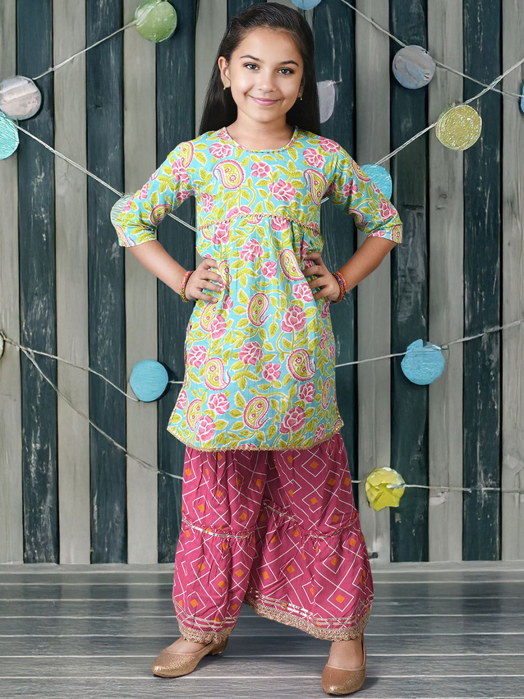 Kids On Board Girls Floral Printed Pure Cotton Gotta Patti A-Line Kurta With Sharara